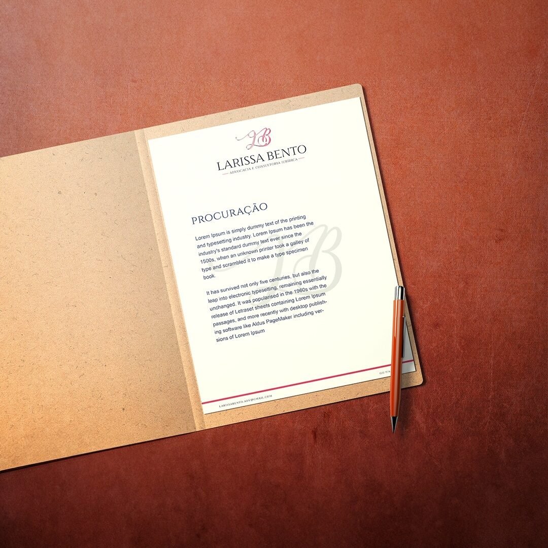 Mockup de papel timbrado com logotipo Larissa Bento, ideal para pareceres e contratos.