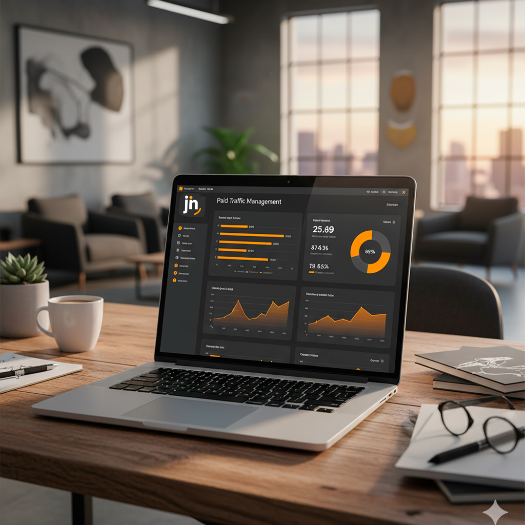 Notebook sobre uma mesa de madeira com gráficos e dashboards de marketing digital exibidos na tela, mostrando métricas de campanhas e gestão de tráfego pago. O ambiente é moderno, com luz natural entrando por grandes janelas e elementos decorativos minimalistas.