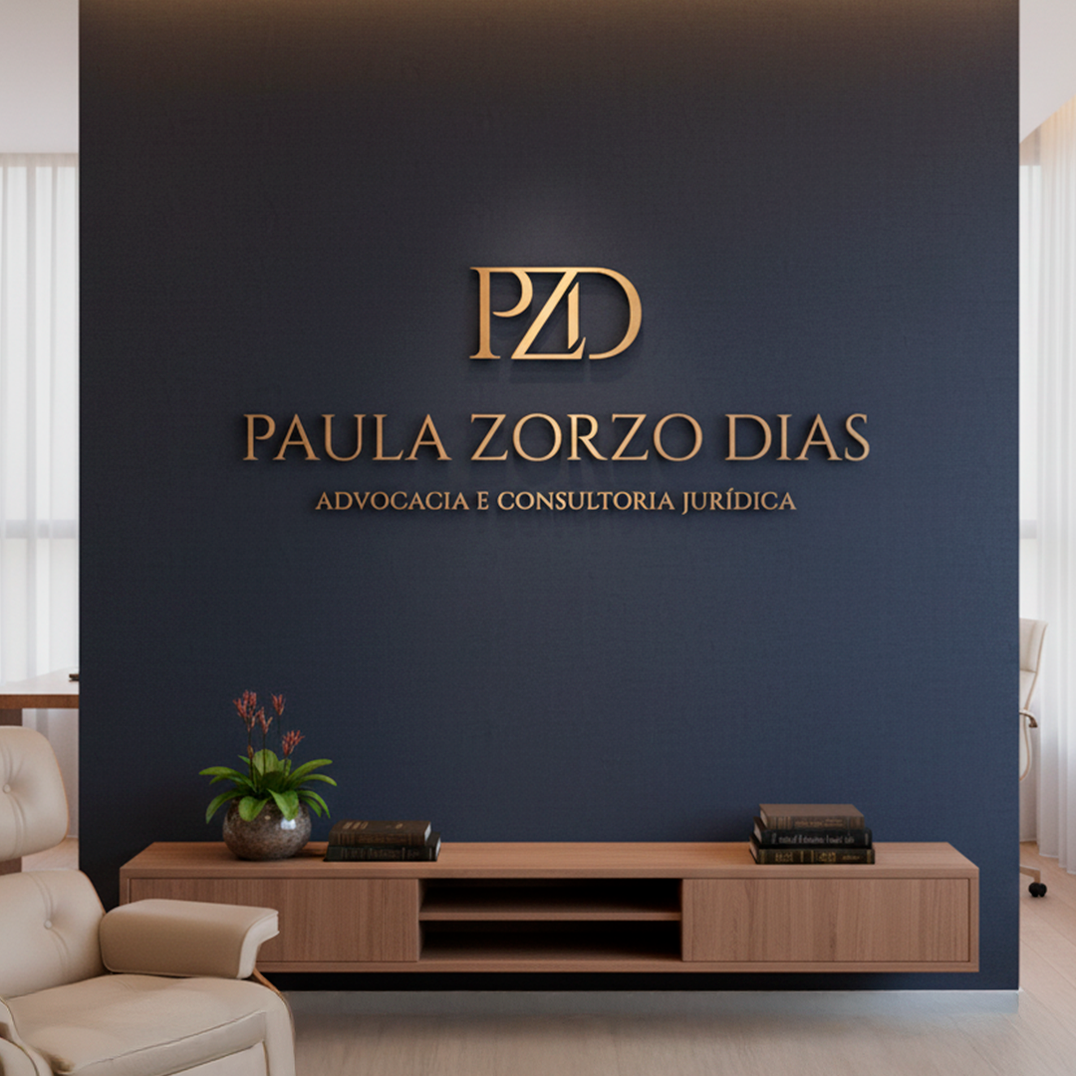 Parede de escritório jurídico com logotipo dourado sobre fundo azul, identidade visual criada pela Jurinow.