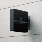 Fachada de escritório jurídico com logotipo minimalista em preto e branco, design criado pela Jurinow.