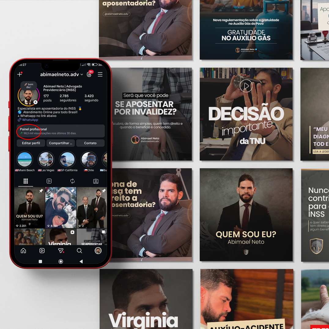 Visão geral do feed do Instagram do advogado Abimael Neto (@abimaelneto.adv), especializado em aposentadoria e INSS. A imagem mostra um smartphone com o perfil aberto, destacando o número de seguidores e publicações, e ao fundo, uma grade com posts informativos sobre direitos previdenciários, aposentadoria e decisões da TNU.