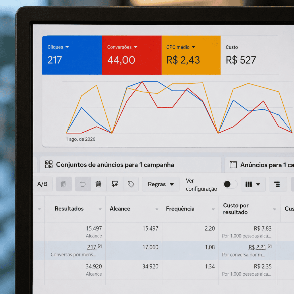 Gestão de tráfego pago com painel de anúncios mostrando cliques, conversões, CPC médio, investimento e resultados de campanha.