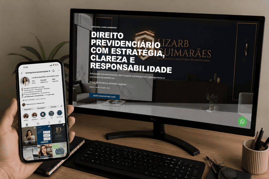 Mockup de identidade visual e presença digital para advogada previdenciarista
