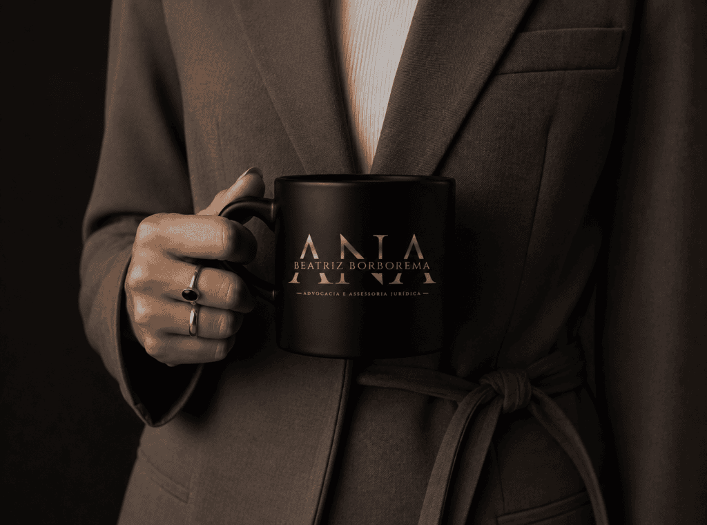 Mockup de identidade visual para advogada com logotipo aplicado em caneca personalizada