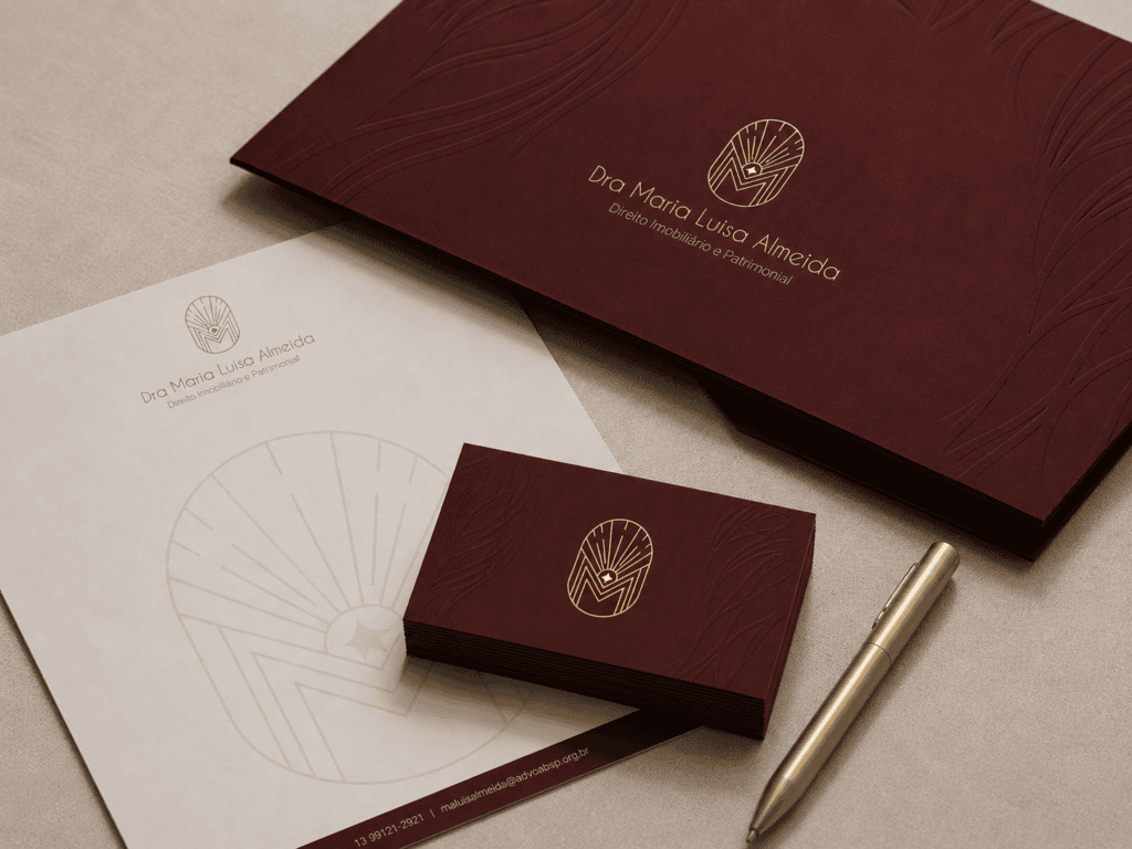 Identidade visual para advogada com papelaria jurídica, cartão de visita e pasta personalizada