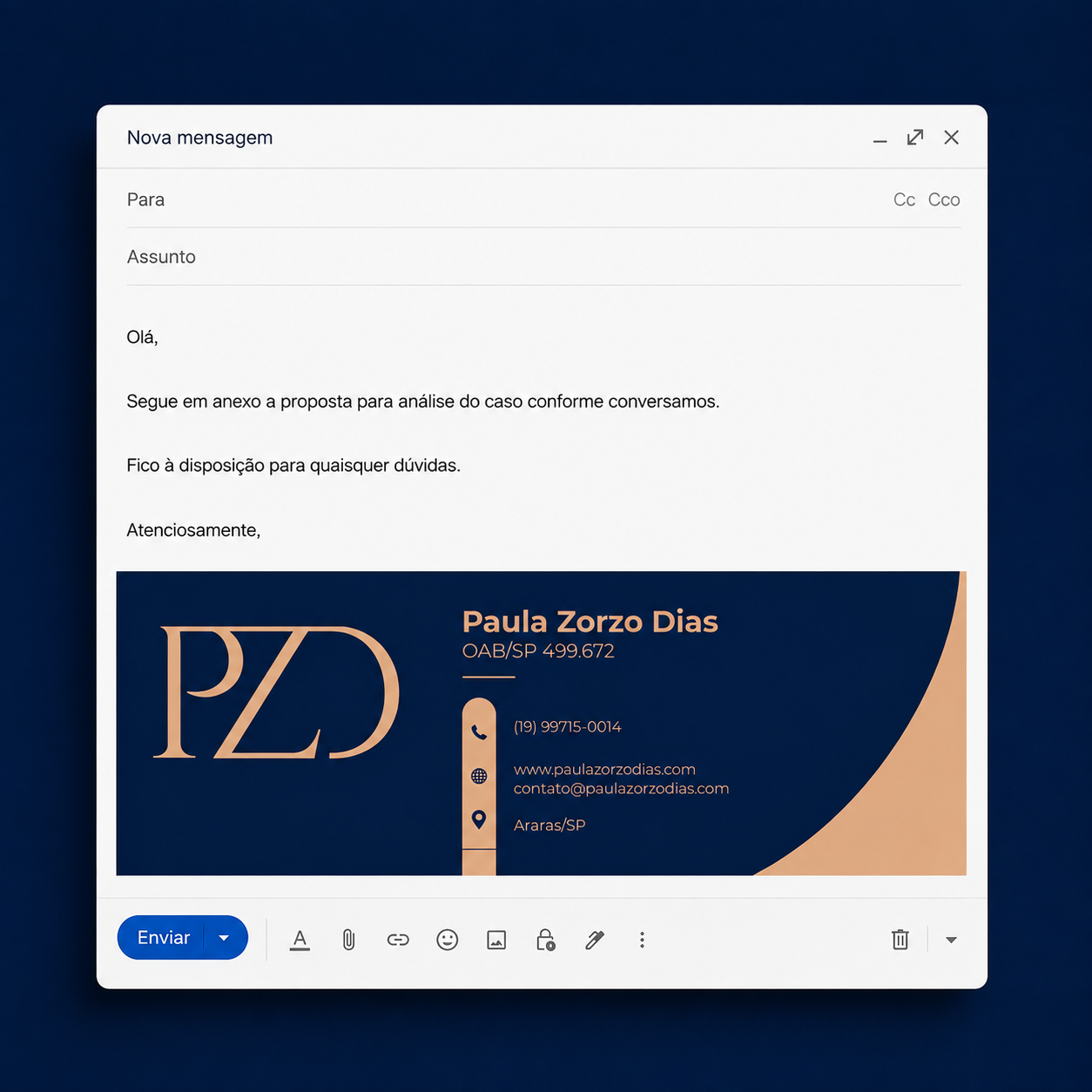 Assinatura de e-mail personalizada para advogada com identidade visual em azul-marinho e dourado.